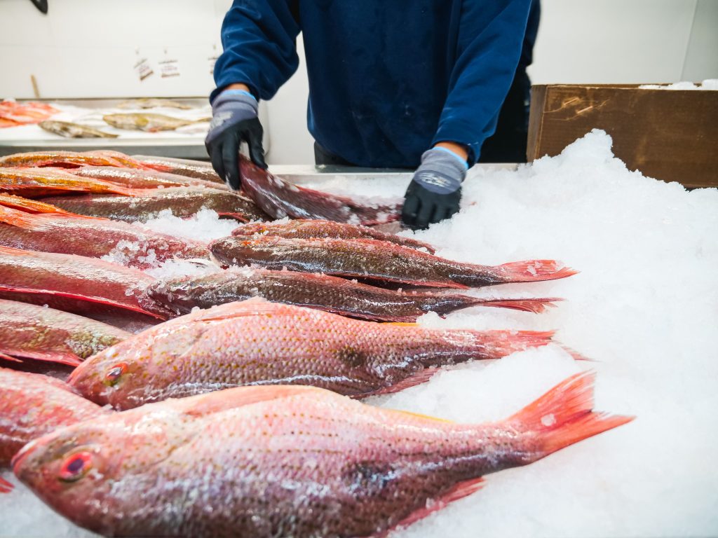 A vibrant display of fresh red snapper neatly arranged on ice at a bustling fish market.